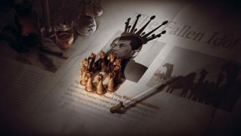 Still from King of Clones: Black and white newspaper article about the professional career fall of South Korean stem cell scientist Huang Woo-suk, which features a photo of the researcher, wearing a shadow-created crown, and a circle of 10 kings from a chess board game are featured below the image, as well as several laboratory test tubes to the left and one Pipette, or suction device, to the right