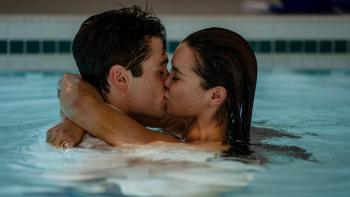 Kissing Is the Easy Part movie: Asher Angel and Paris Berelc kissing in a swimming pool