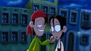 The Legend of La Nahuala: Two animated characters standing in front of colonial-style buildings at night - one with red bandana, one with glasses.