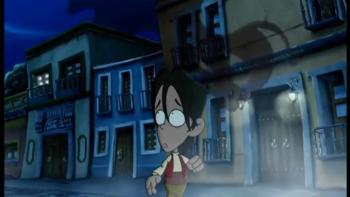 The Legend of La Nahuala: Animated boy with glasses walking alone through empty colonial street at night with blue-tinted buildings and balconies.