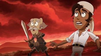 La Leyenda del Charro Negro: Two cartoon characters appearing distressed against a dramatic red sky background.
