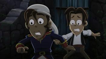 La Leyenda del Charro Negro: Two cartoon characters with frightened expressions in a dark cave. 
