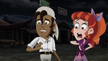 La Leyenda del Charro Negro: A Mexican boy and Mexican girl in what appears to be a nighttime scene with tents or structures in the background. 