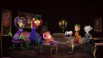 La Leyenda del Charro Negro: Several characters are gathered around ornate furniture in a room with a dark atmosphere.