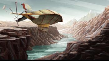 Still image from Lamya's poem showing a floating blip-like aircraft flying through a ravine over water.