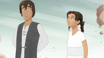 Lamya, a young Syrian girl wearing white stands next to Rumi, a young Syrian boy wearing a grey vest