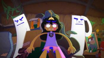 Lesbian Space Princess movie: Cartoon girl in a messy room with two animated angry papers.