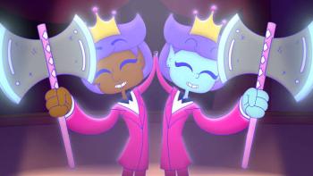 Lesbian Space Princess movie: Two smiling cartoon characters with axes and crowns, wearing matching pink outfits.