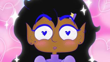 Lesbian Space Princess movie: Cartoon girl with heart eyes on pink heart background.