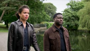 Lift: Gugu-Mbatha-Raw and Kevin Hart in a park.