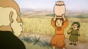 Lights: Two children—one carrying a large jar on their head—in ancient-style clothing walking through a golden wheat field as an elderly man looks on