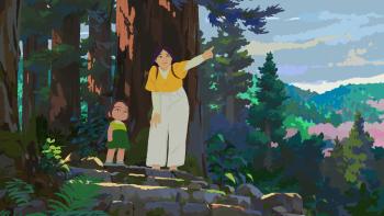 Little Amélie or the Character of Rain movie: Nishio-San hikes in the woods with Amélie, pointing to something