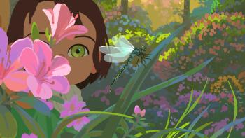 Little Amélie or the Character of Rain movie: Amélie peers through the flowers at a dragonfly
