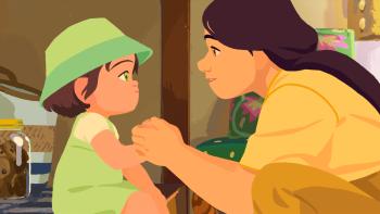 Little Amélie or the Character of Rain mo: Nishio-San squats down to talk to Amélie, who's sitting on the stairs