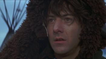 Little Big Man: Close-up of Dustin Hoffman's face, animal hide draped over his head for warmth.