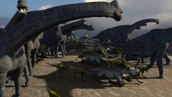 Lone Pup: Large dinosaurs with long necks stand beside other dinosaurs. 