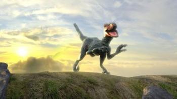 Lone Pup: An animated raptor sits on a hill. 
