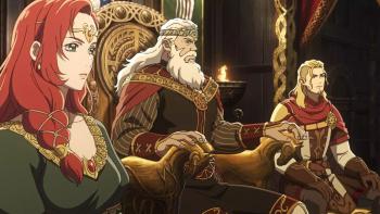 The Lord of the Rings: The War of the Rohirrim Movie: Hera, Helm, and Haleth sit on thrones, looking serious 