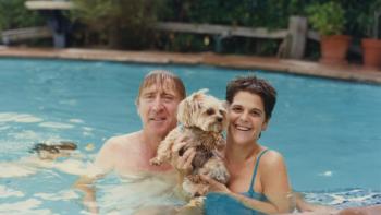 Love, Gilda Movie: Gilda Radner and Gene Wilder pose in swimsuits in a pool with a Yorkshire Terrier. 