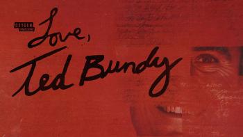 Love, Ted Bundy movie: handwritten cursive words ‘Love, Ted Bundy’ on a red background with Ted Bundy’s face smiling