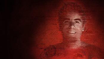 Love, Ted Bundy movie: a smiling headshot of Ted Bundy on a red photo background