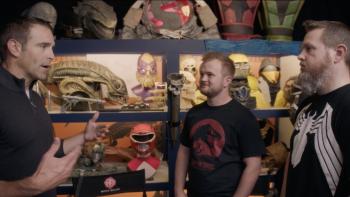 Mad Props Movie: Tom Biolchini (left) speaks with two collectors in front of a shelf full of their prize props
