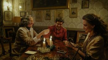 Maria movie: Alba Rohrwacher, Pierfrancesco Favino, and Angelina Jolie sit around a table