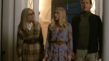 Maybe I Do Movie: Diane Keaton, Emma Roberts, and Luke Bracey stand inside a house next to one another