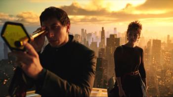 Megalopolis Movie: Cesar (looking through a telescope) and Julia converse atop a glorious golden cityscape