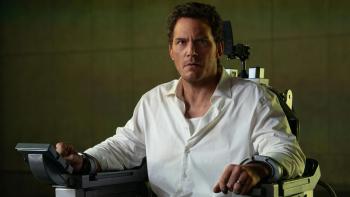Mercy movie: Chris Pratt sits in what looks like an interrogation chair, his wrists restrained