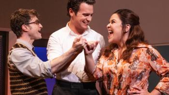 Merrily We Roll Along movie: Daniel Radcliffe, Jonathan Groff, and Lindsay Mendez smile and sing at each other