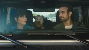 Merv: Zooey Deschanel and Charlie Cox and dog in car.