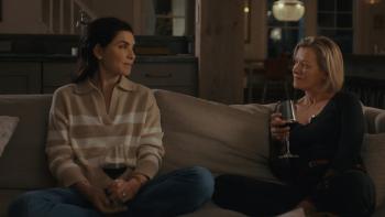 Millers in Marriage movie: Julianna Marguiles and Gretchen Mol sit on a couch, facing each other