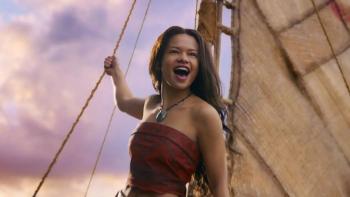 Moana movie: Catherine Laga'aia poses on a ship, holding the sail