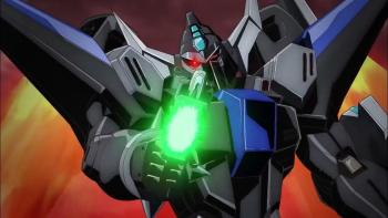 Mobile Suit Gundam SEED FREEDOM movie: Large blue robot mech points gun with green laser blast starting to burst