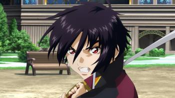 Mobile Suit Gundam SEED FREEDOM movie: Japanese man center swings sword behind him during a fight in a courtyard