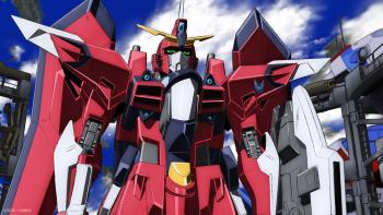 Mobile Suit Gundam SEED FREEDOM movie: Large red robot mech stands at the ready under a blue sky with clouds