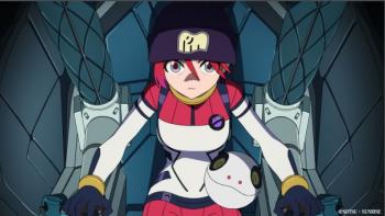 Mobile Suit Gundam GQuuuuuuX: Beginning Movie: Amate sits in her gundam robot, ready to duel