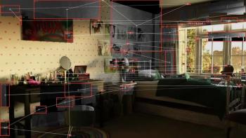 Molly vs the Machines: Molly's bedroom is shown through the "eyes" of a machine, highlighting various points in red boxes and drawing lines between th