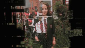Molly vs the Machines: Various boxes and lines digitally assess a photo of Molly in her school uniform, standing outside her home