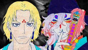 Mononoke III Movie: Two anime characters with distinct hairstyles and colorful clothing.