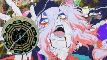 Mononoke III Movie: Colorful, chaotic anime character screaming with wide eyes and an open mouth.