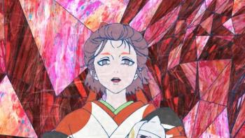 Mononoke III Movie: Anime character with a worried expression against a colorful, abstract background.