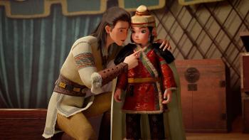 Mulan Princess Warrior Movie: two animated Asian characters stand side by side looking at something together
