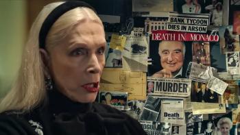 Murder in Monaco film: Lady Colin Campbell speaks in front of a backdrop of an evidence board for Edmond Safra's murder