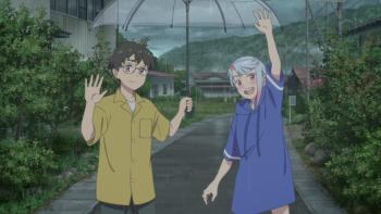My Oni Girl movie: Japanese boy in yellow shirt holds up umbrella over girl in blue dress on sidewalk with trees around them