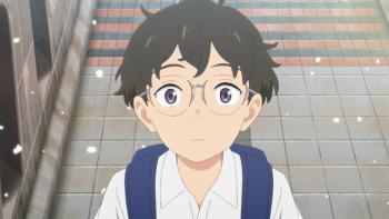 My Oni Girl movie: Japanese boy in white shirt and backpack looks straight ahead