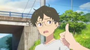 My Oni Girl movie: Japanese boy in white shirt looks at a thumbs up from off-screen character standing next to overpass