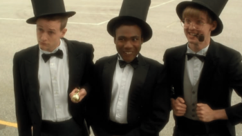 Mystery Team movie: Charlie, Jason, and Duncan dressed up in formal "gentleman" costumes with top hats and tails