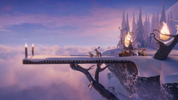 Niko — Beyond the Northern Lights: A group of reindeer stand on a ramp on a cliff's edge, where they prepare to undertake a series of challenges